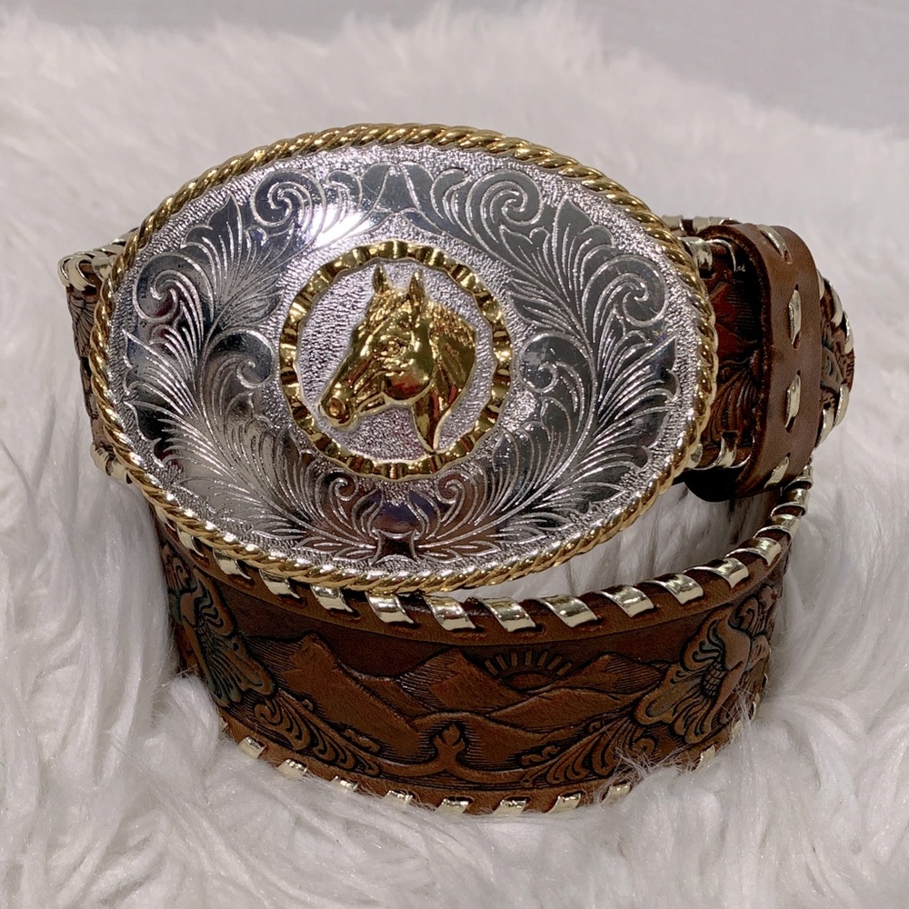 CHAMBERS tooled leather belt  Silvertone buckle w horse head motif